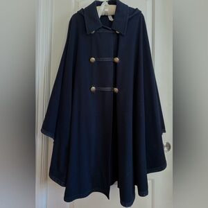 Rare Vintage Burberry Navy Blue Wool and Alpaca Cape with Removable Hood